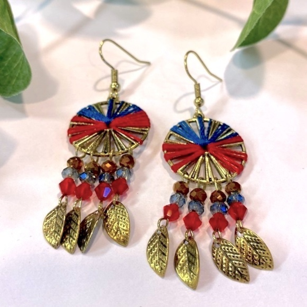 Red and blue Vintage boho dangle earrings